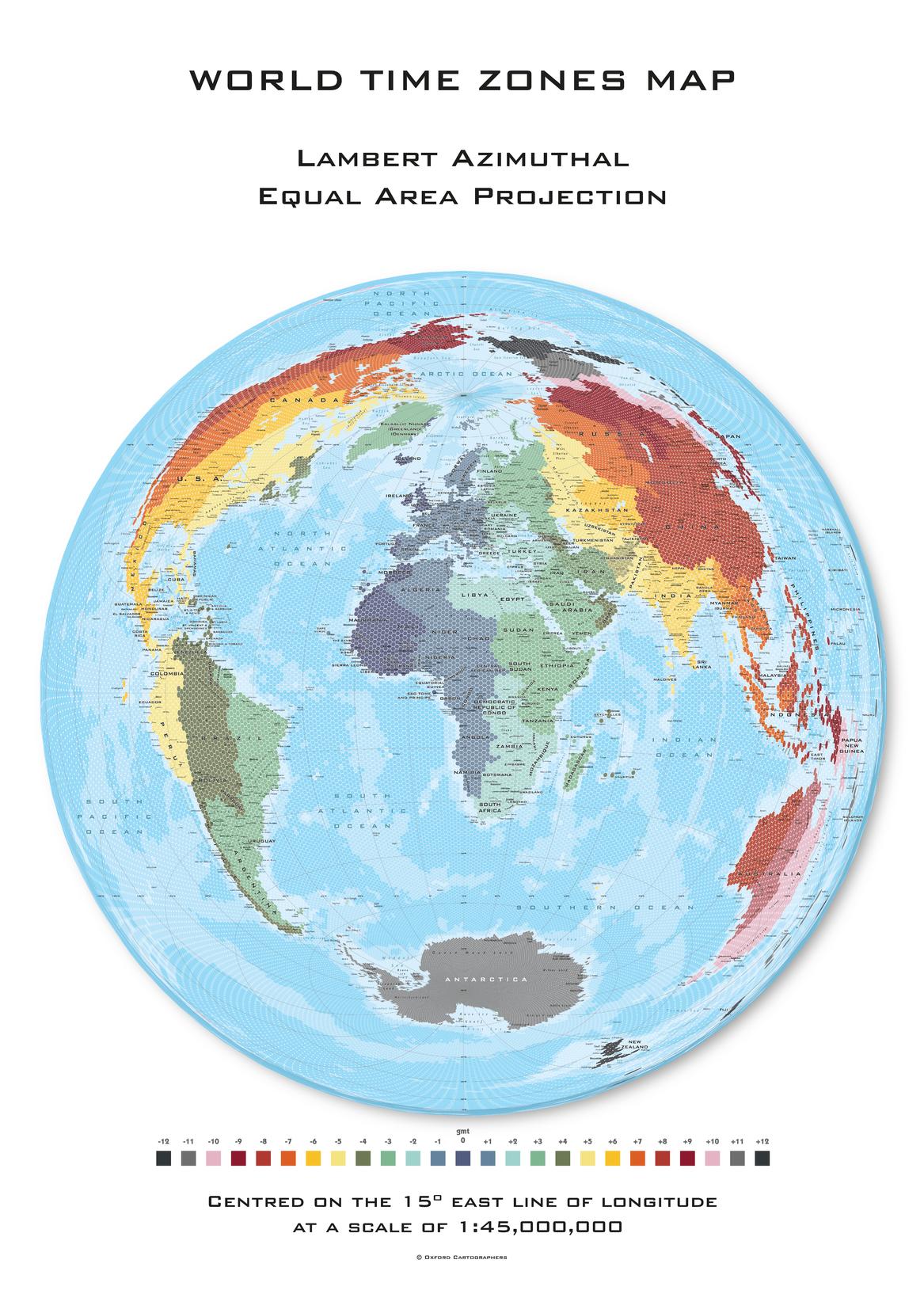 World Time Zones Hexagons centred on 15° East Wall Map 594 x 841mm